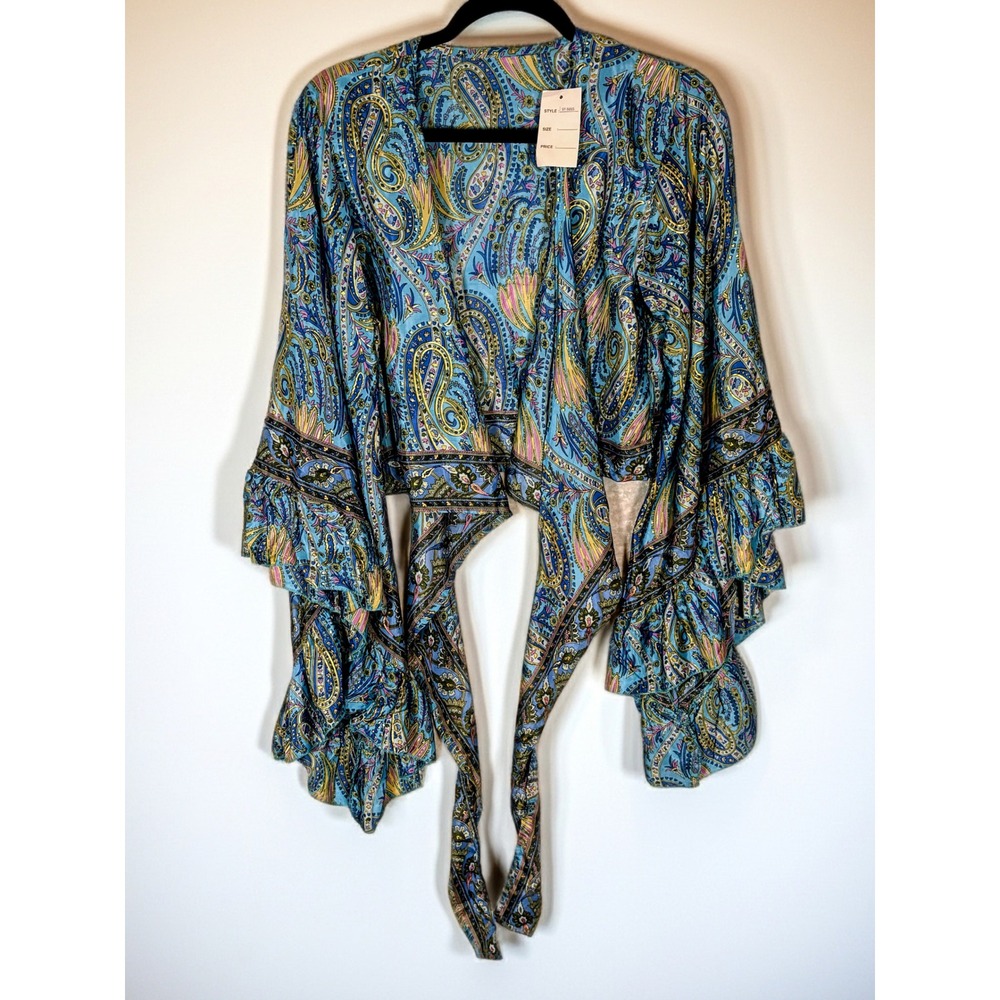 Silk Boho Paisley BellSleeve WrapTop ‎ Romantic Festival Cottagecore Blouse - Picture 3 of 8
